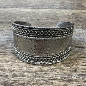 Wide Silver Tone Statement Cuff Bracelet | Boho Western Textured Metal